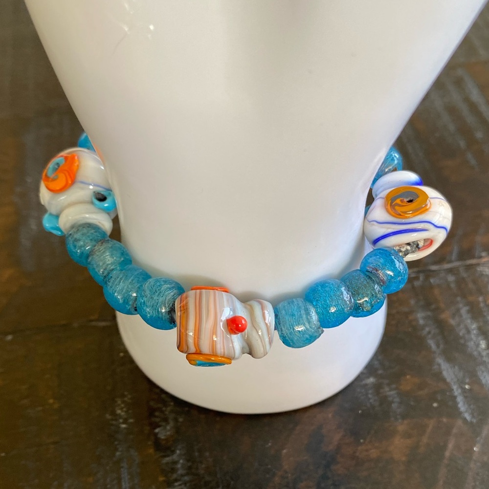 Blue Glass Bead Stretch Bracelet with Whimsical Accent Beads